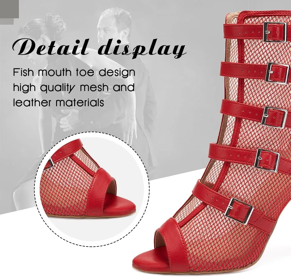 DKZSYIM Open Toe Dance Boots Women Latin Salsa Ballroom Lace-up Ankle Dance Shoes,Model QJWY006
