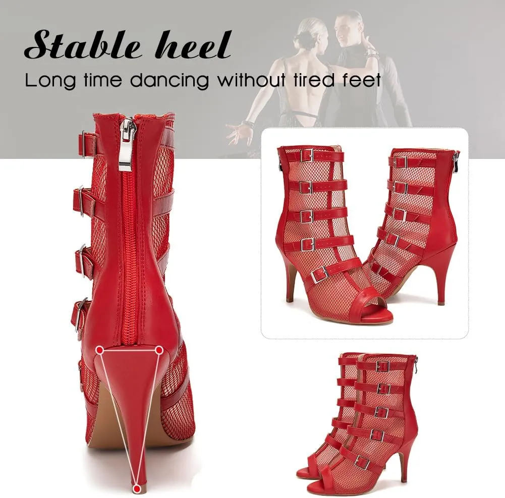 DKZSYIM Open Toe Dance Boots Women Latin Salsa Ballroom Lace-up Ankle Dance Shoes,Model QJWY006