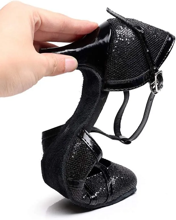 DKZSYIM Womens Latin Dance Shoes Heeled Ballroom Salsa Tango Party Sequin Wedding Performance Dance Shoes,Model QJW1017