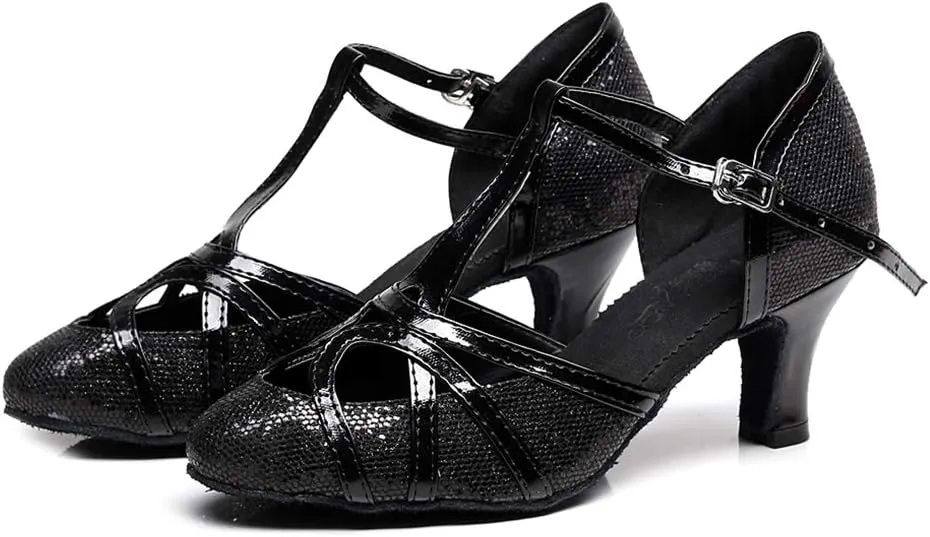 DKZSYIM Womens Latin Dance Shoes Heeled Ballroom Salsa Tango Party Sequin Wedding Performance Dance Shoes,Model QJW1017