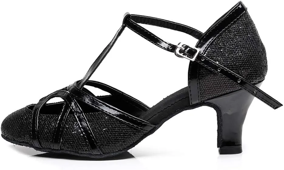 DKZSYIM Womens Latin Dance Shoes Heeled Ballroom Salsa Tango Party Sequin Wedding Performance Dance Shoes,Model QJW1017