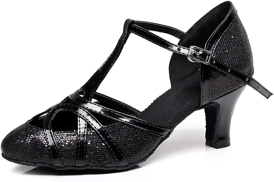 DKZSYIM Womens Latin Dance Shoes Heeled Ballroom Salsa Tango Party Sequin Wedding Performance Dance Shoes,Model QJW1017