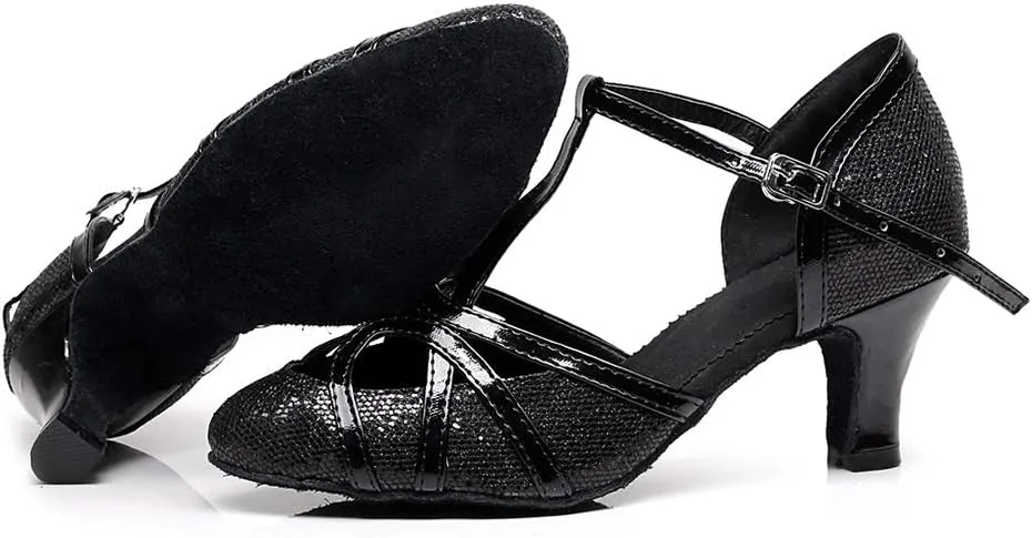 DKZSYIM Womens Latin Dance Shoes Heeled Ballroom Salsa Tango Party Sequin Wedding Performance Dance Shoes,Model QJW1017