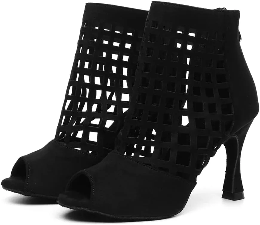 DKZSYIM Women's Open Toe Dance Boots Rhinestone Salsa Ballroom Lace-up Ankle Dance Shoes,Model YCL501