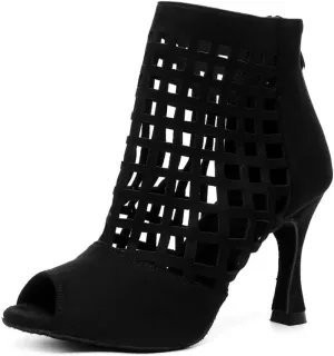 DKZSYIM Women's Open Toe Dance Boots Rhinestone Salsa Ballroom Lace-up Ankle Dance Shoes,Model YCL501