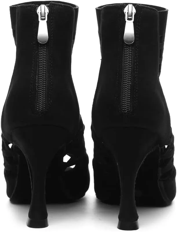 DKZSYIM Women's Open Toe Dance Boots Rhinestone Salsa Ballroom Lace-up Ankle Dance Shoes,Model YCL501