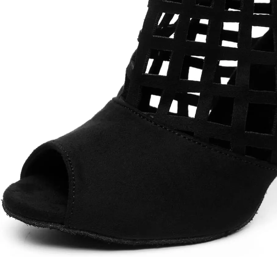 DKZSYIM Women's Open Toe Dance Boots Rhinestone Salsa Ballroom Lace-up Ankle Dance Shoes,Model YCL501