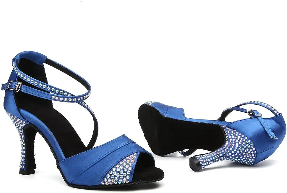 DKZSYIM Women's Rhinestone Ballroom Dance Shoes Latin Salsa Bachata Performance Practice Dancing Shoes Suede Sole,Model YCL066