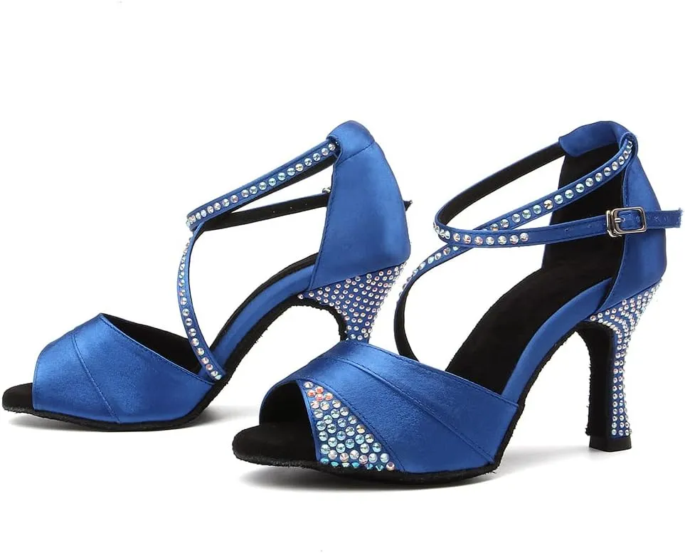 DKZSYIM Women's Rhinestone Ballroom Dance Shoes Latin Salsa Bachata Performance Practice Dancing Shoes Suede Sole,Model YCL066