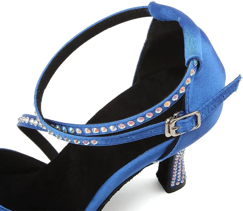 DKZSYIM Women's Rhinestone Ballroom Dance Shoes Latin Salsa Bachata Performance Practice Dancing Shoes Suede Sole,Model YCL066