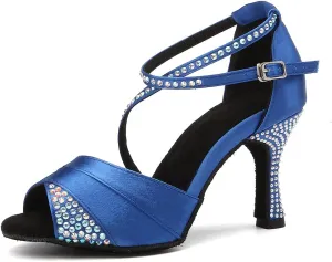DKZSYIM Women's Rhinestone Ballroom Dance Shoes Latin Salsa Bachata Performance Practice Dancing Shoes Suede Sole,Model YCL066