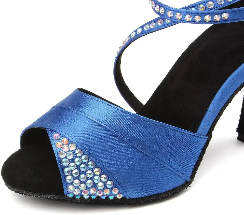 DKZSYIM Women's Rhinestone Ballroom Dance Shoes Latin Salsa Bachata Performance Practice Dancing Shoes Suede Sole,Model YCL066