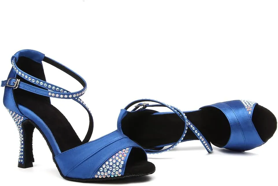 DKZSYIM Women's Rhinestone Ballroom Dance Shoes Latin Salsa Bachata Performance Practice Dancing Shoes Suede Sole,Model YCL066