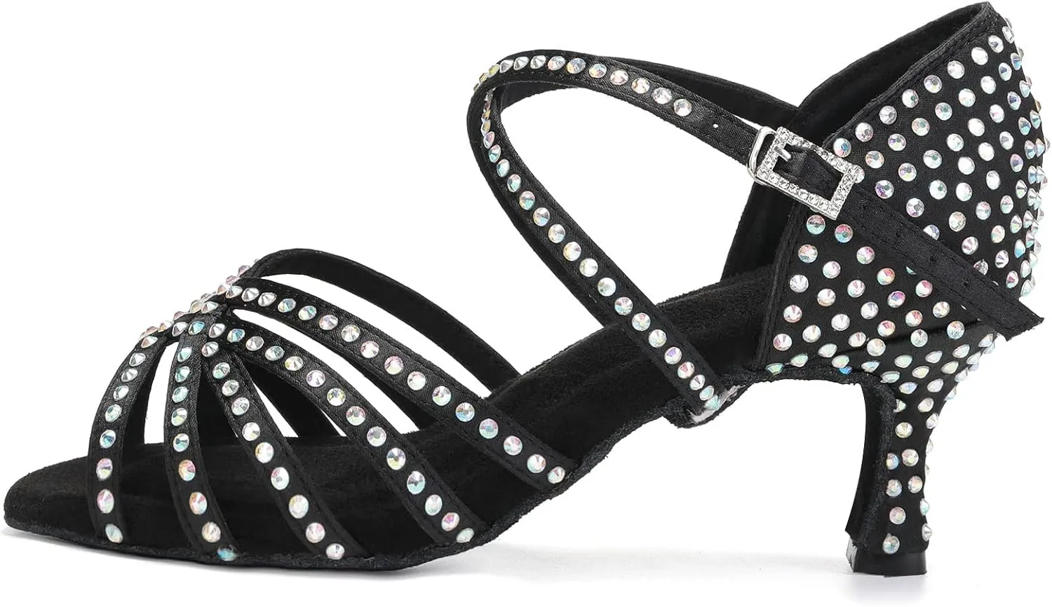 DKZSYIM Women's Satin Latin Dance Shoes Rhinestone Ballroom Salsa Performance Practice Dancing Shoes,AFCT40403-Black-6.5,US 6