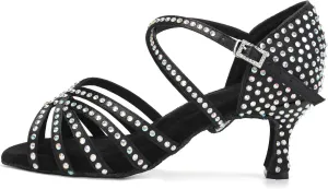 DKZSYIM Women's Satin Latin Dance Shoes Rhinestone Ballroom Salsa Performance Practice Dancing Shoes,AFCT40403-Black-6.5,US 6