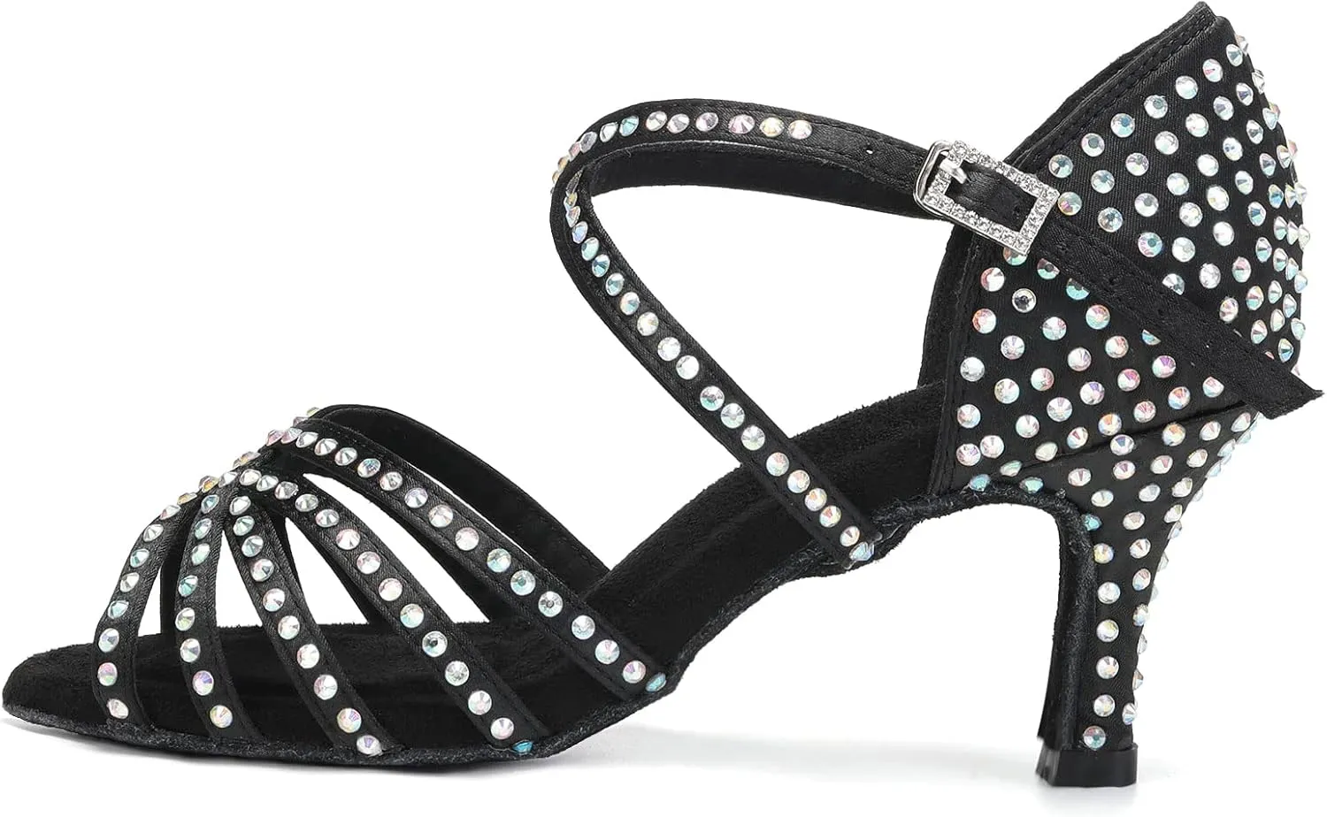 DKZSYIM Women's Satin Latin Dance Shoes Rhinestone Ballroom Salsa Performance Practice Dancing Shoes,CT40403-Black-8.5,US 7.5