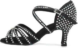 DKZSYIM Women's Satin Latin Dance Shoes Rhinestone Ballroom Salsa Performance Practice Dancing Shoes,CT40403-Black-8.5,US 7.5