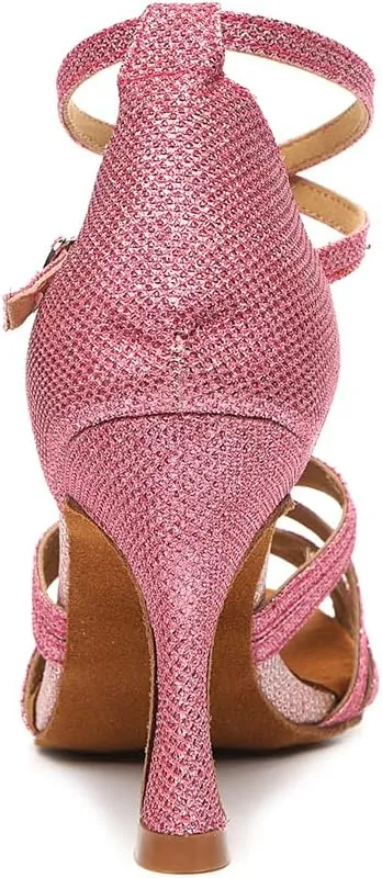 DKZSYIM Women's Satin Latin Dance Shoes Rhinestone Ballroom Salsa Performance Practice Dancing Shoes,Model YCL506