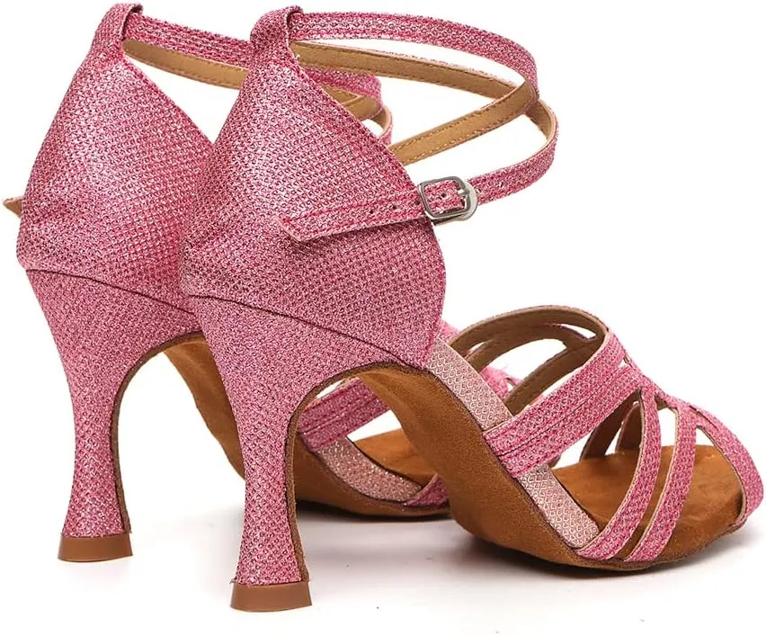 DKZSYIM Women's Satin Latin Dance Shoes Rhinestone Ballroom Salsa Performance Practice Dancing Shoes,Model YCL506