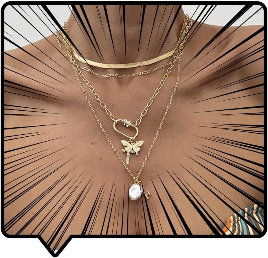 Doubnine Layered Gold Chain Necklace Set, Heart and Angel Pendant, Pearl Charm, 3 Pieces