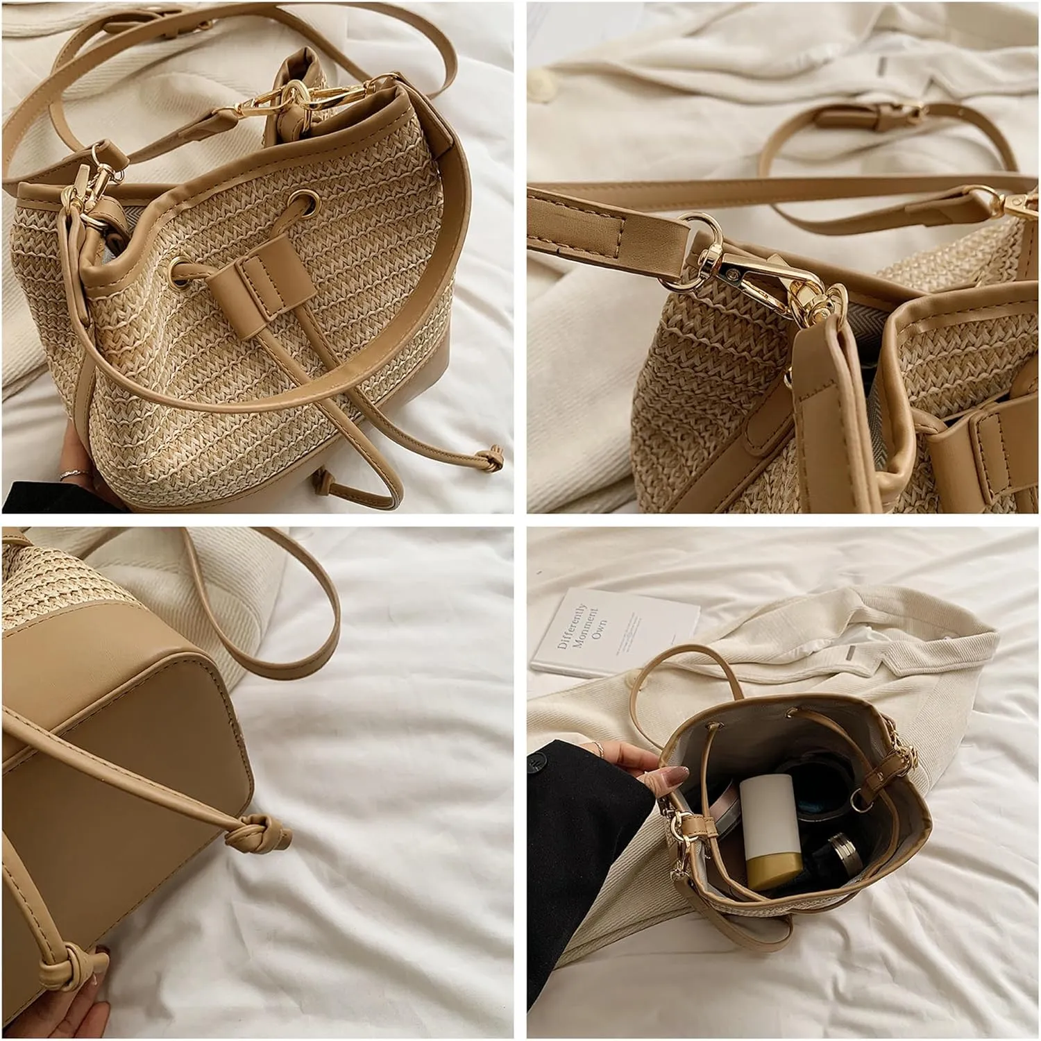 Drawstring Straw Bag Cute Purse Trendy 2025 Summer Small Crossbody Purses Women Y2k Beach Crochet Bucket Bags