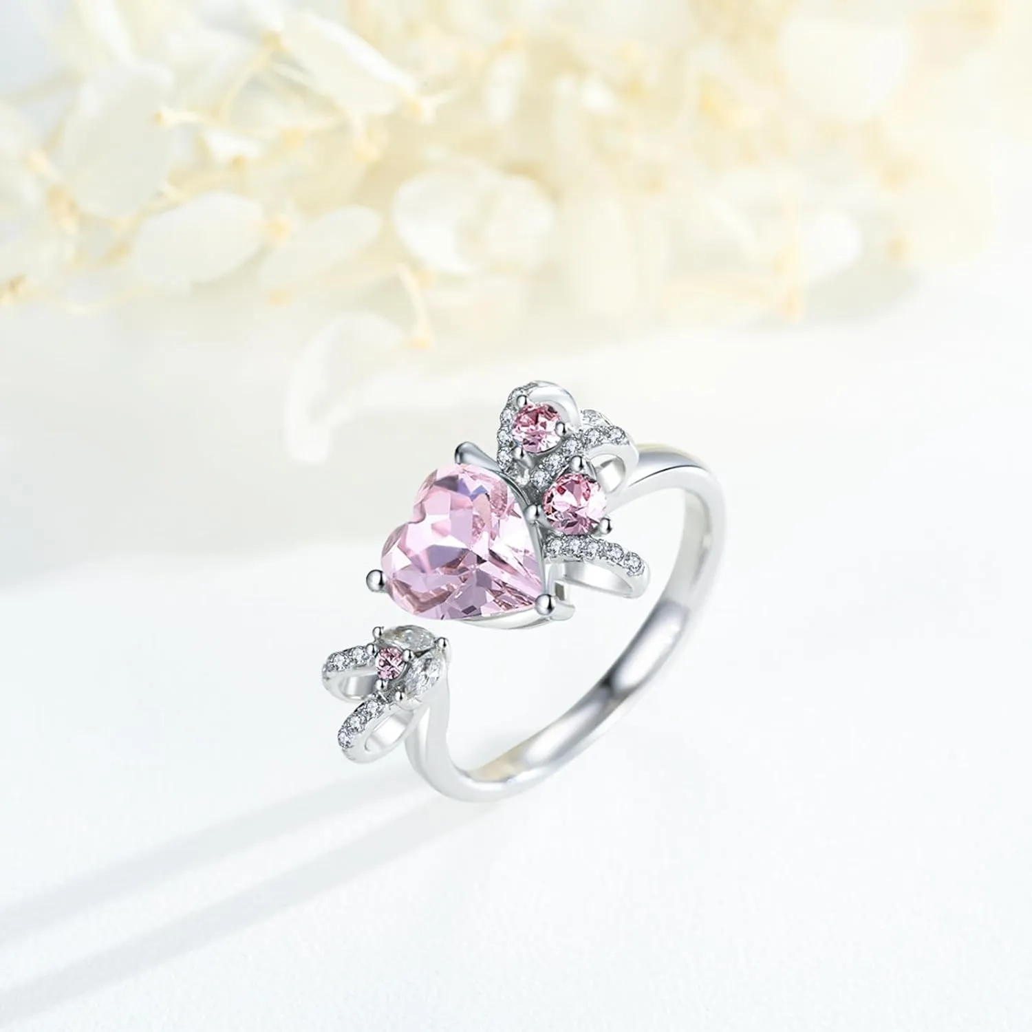 Dreamboat Sterling Silver Heart Rings for Women Crystal Rings Bow Ring Gem Gemstone Rings Heart Jewelry Romantic