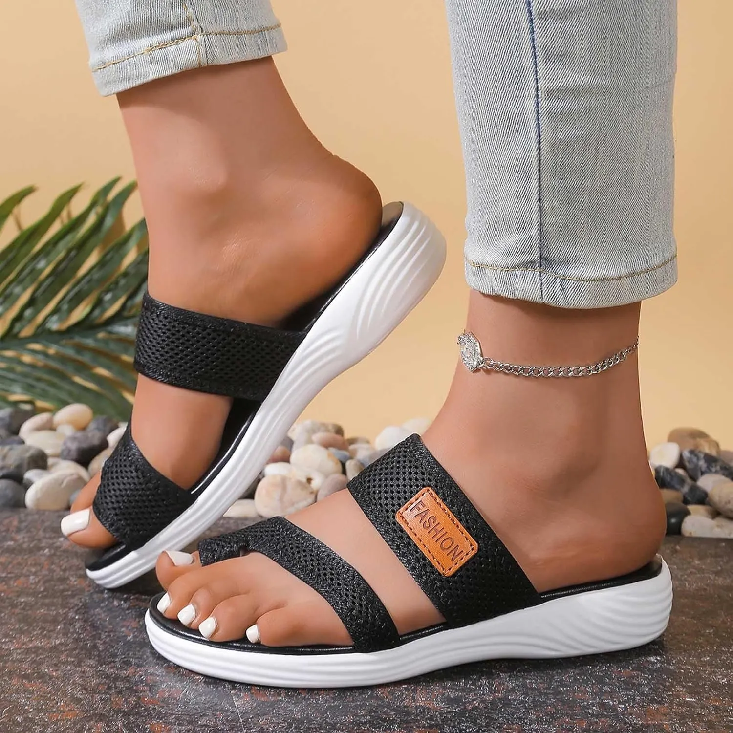 Dressy Summer 2025 Trendy Sandals for Women Beach Slip On Mesh Slide Sandals with Arch Support Comfortable Orthopedic Shoes