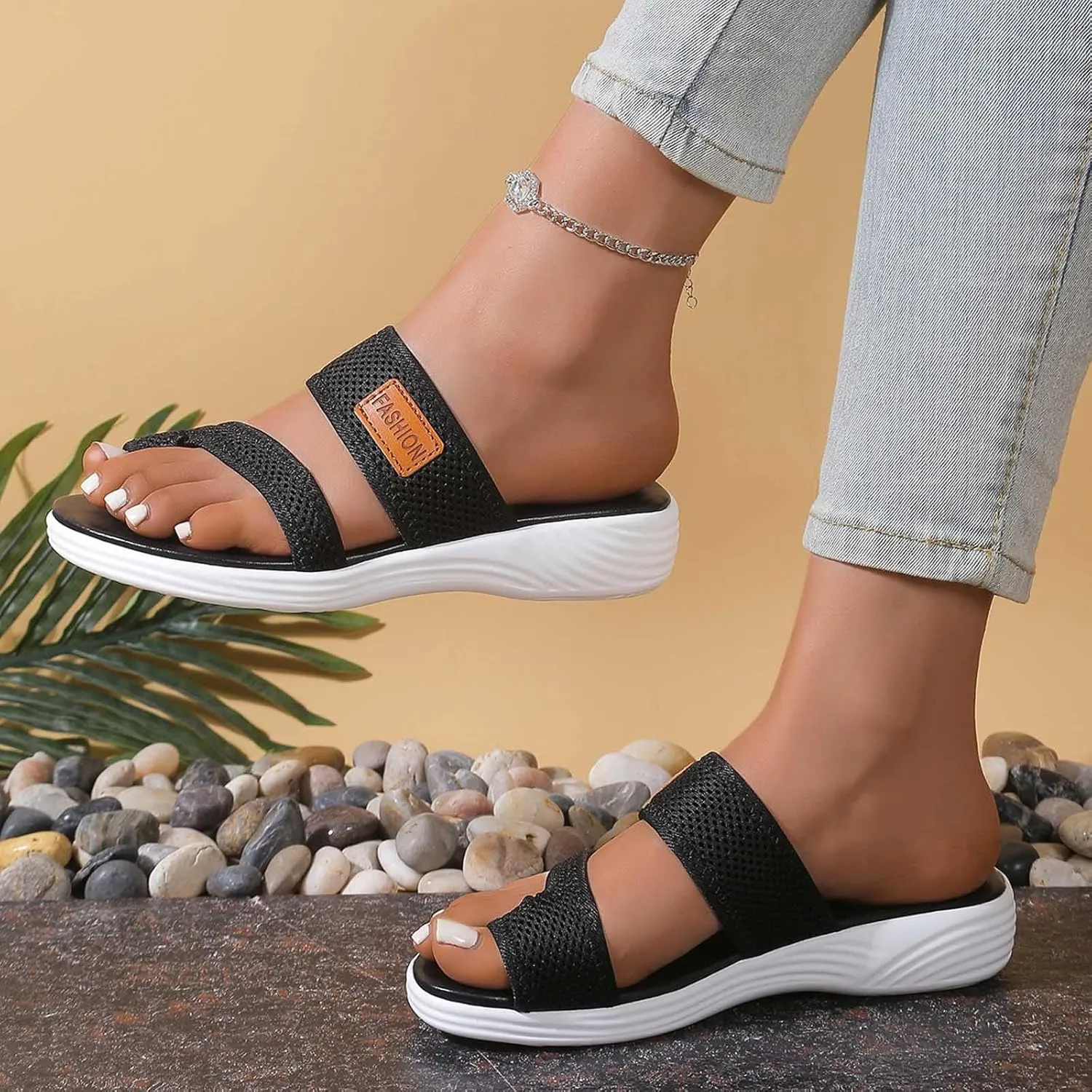 Dressy Summer 2025 Trendy Sandals for Women Beach Slip On Mesh Slide Sandals with Arch Support Comfortable Orthopedic Shoes