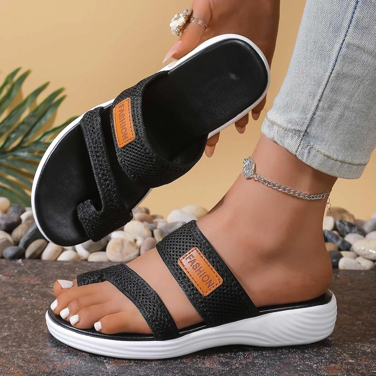 Dressy Summer 2025 Trendy Sandals for Women Beach Slip On Mesh Slide Sandals with Arch Support Comfortable Orthopedic Shoes