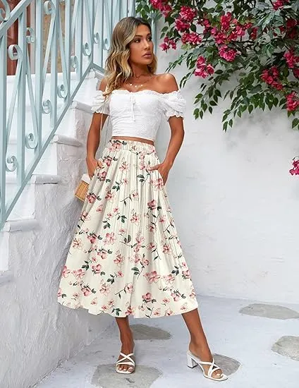 ELESOL Women's Midi Skirts High Waisted Pleated A-Line Swing Skirts