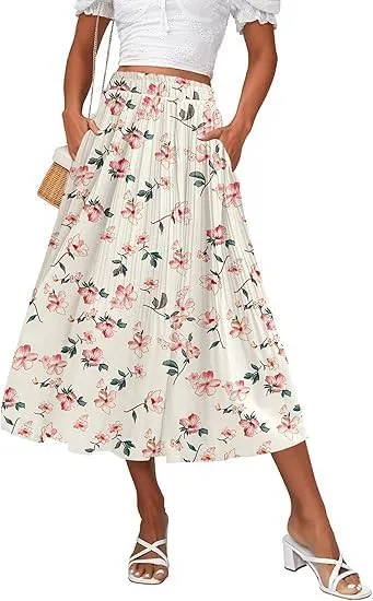 ELESOL Women's Midi Skirts High Waisted Pleated A-Line Swing Skirts