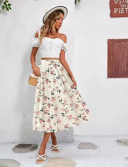 ELESOL Women's Midi Skirts High Waisted Pleated A-Line Swing Skirts