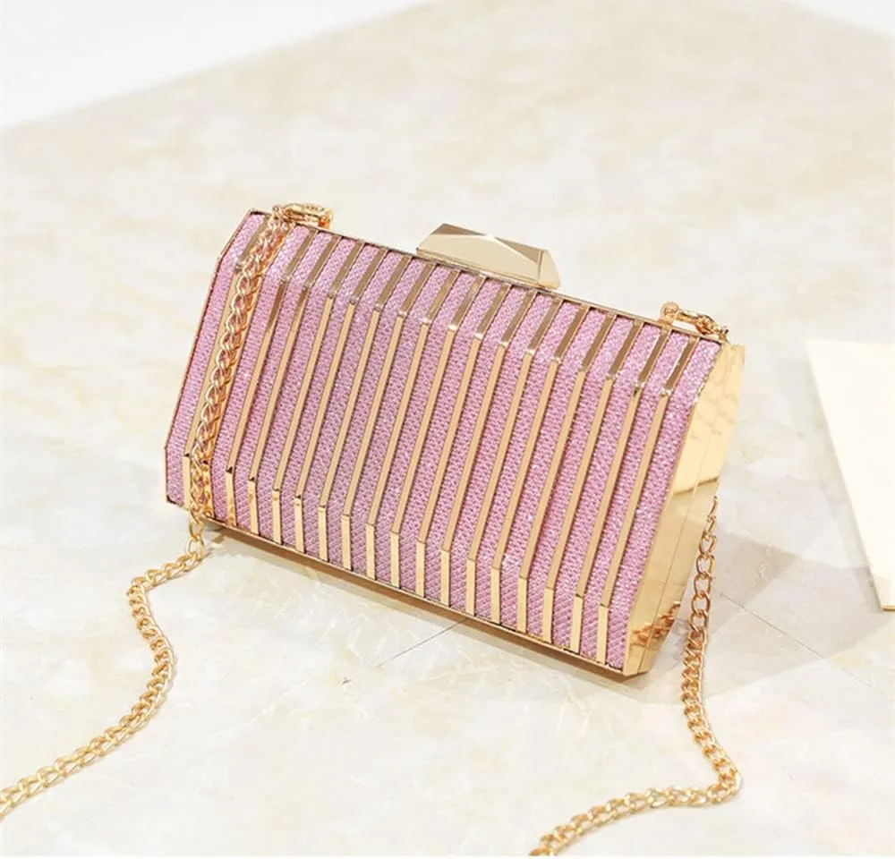Evening Bags with Chain, Small Square Clutch Bag Metal Texture Women Evening Bag Female Wedding Party Shoulder Bag (Color : Pink)