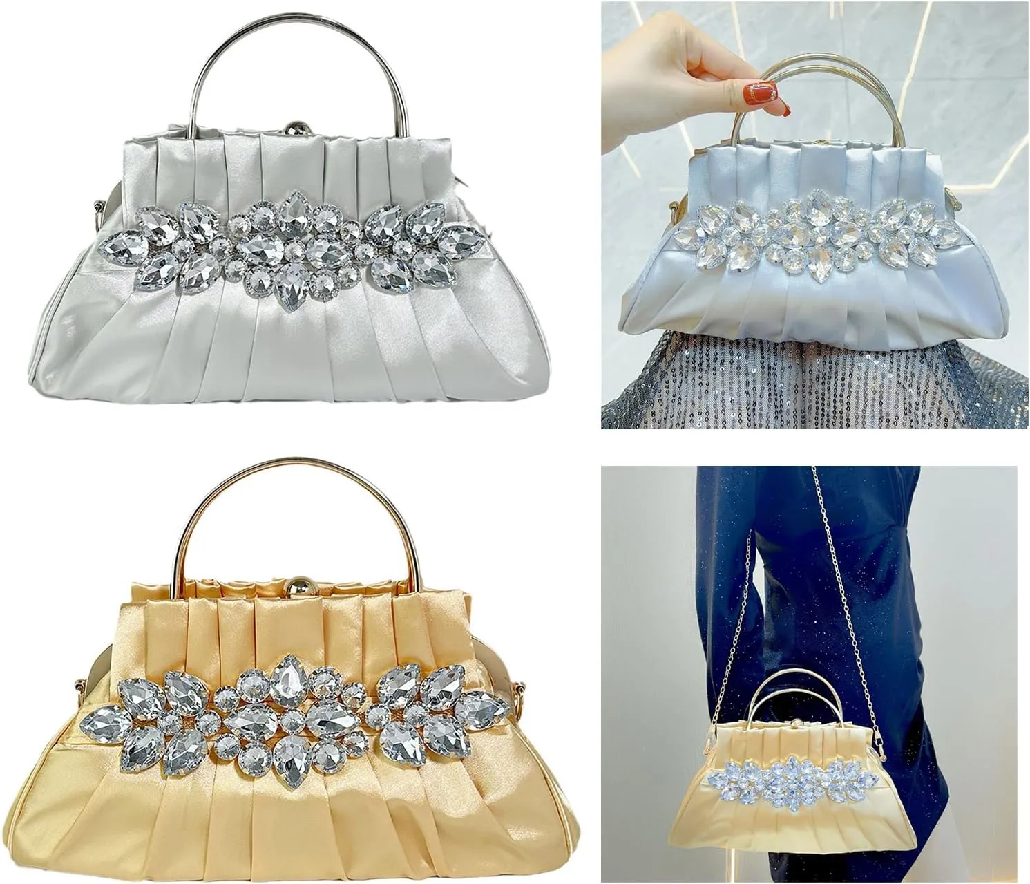 Evening BagsWomen Evening Bag Pleated Crossbody Bag Wedding Clutches Bag Handbag and Purse Chain Strap Shoulder Bag