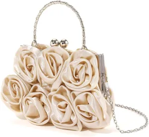 Evening HandbagWomens Elegant 3D Rose Evening Clutches Purse Satins Handbag with Detachable Crossbody Chain Strap for Weddings Parties