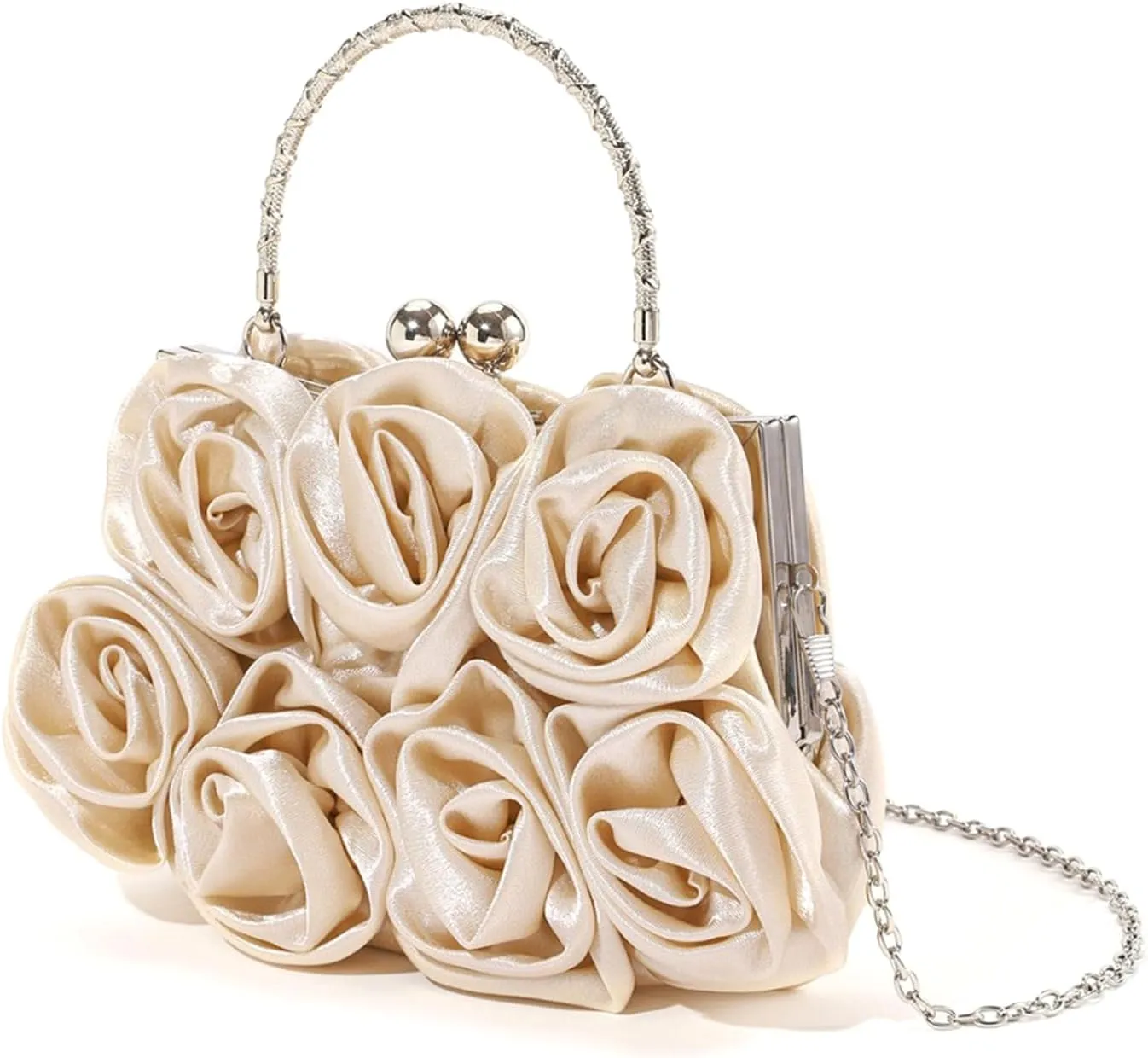 Evening HandbagWomens Elegant 3D Rose Evening Clutches Purse Satins Handbag with Detachable Crossbody Chain Strap for Weddings Parties