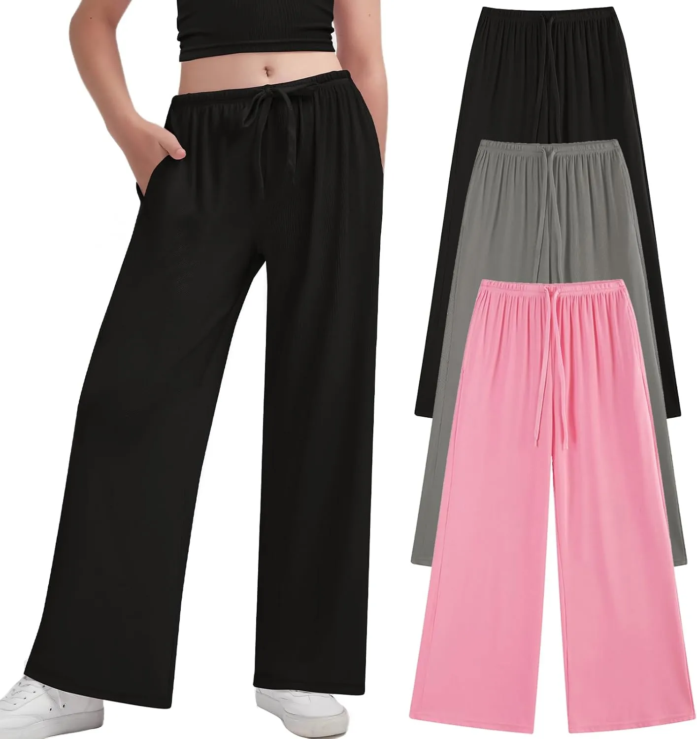 EXARUS 3 Pack Girl's Wide Leg Baggy Sweatpants Flowy Drawstring Waist Loose Long Sweat Pants Casual for Teen 8-14Y