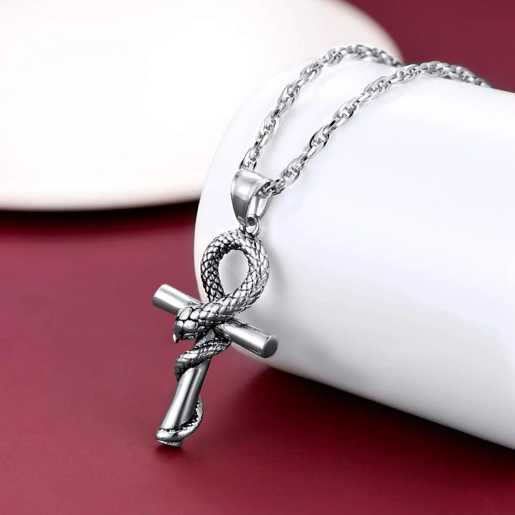 FaithHeart Eye of Horus Necklace Ankh Cross Necklaces, Stainless Steel Ancient Egyptian Coptic Jewelry for Men Women, Wedjat Eye Pendants Customize Available