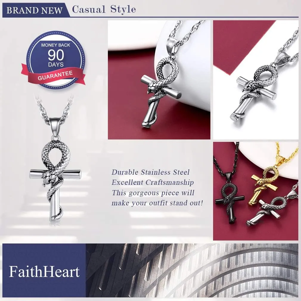 FaithHeart Eye of Horus Necklace Ankh Cross Necklaces, Stainless Steel Ancient Egyptian Coptic Jewelry for Men Women, Wedjat Eye Pendants Customize Available