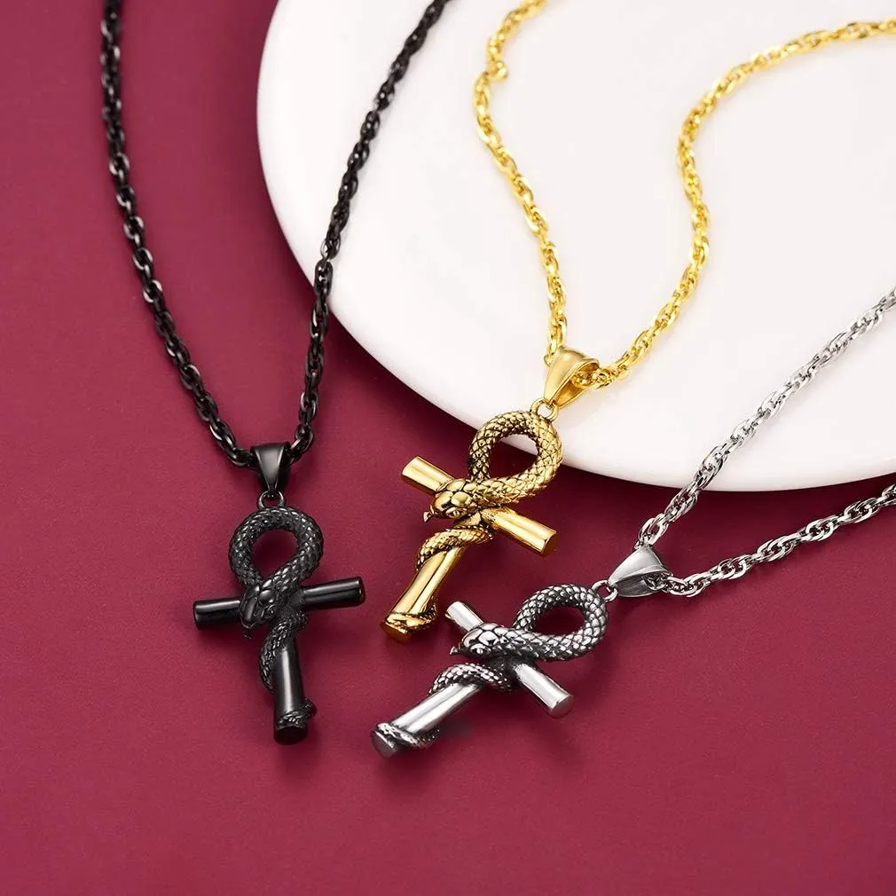 FaithHeart Eye of Horus Necklace Ankh Cross Necklaces, Stainless Steel Ancient Egyptian Coptic Jewelry for Men Women, Wedjat Eye Pendants Customize Available