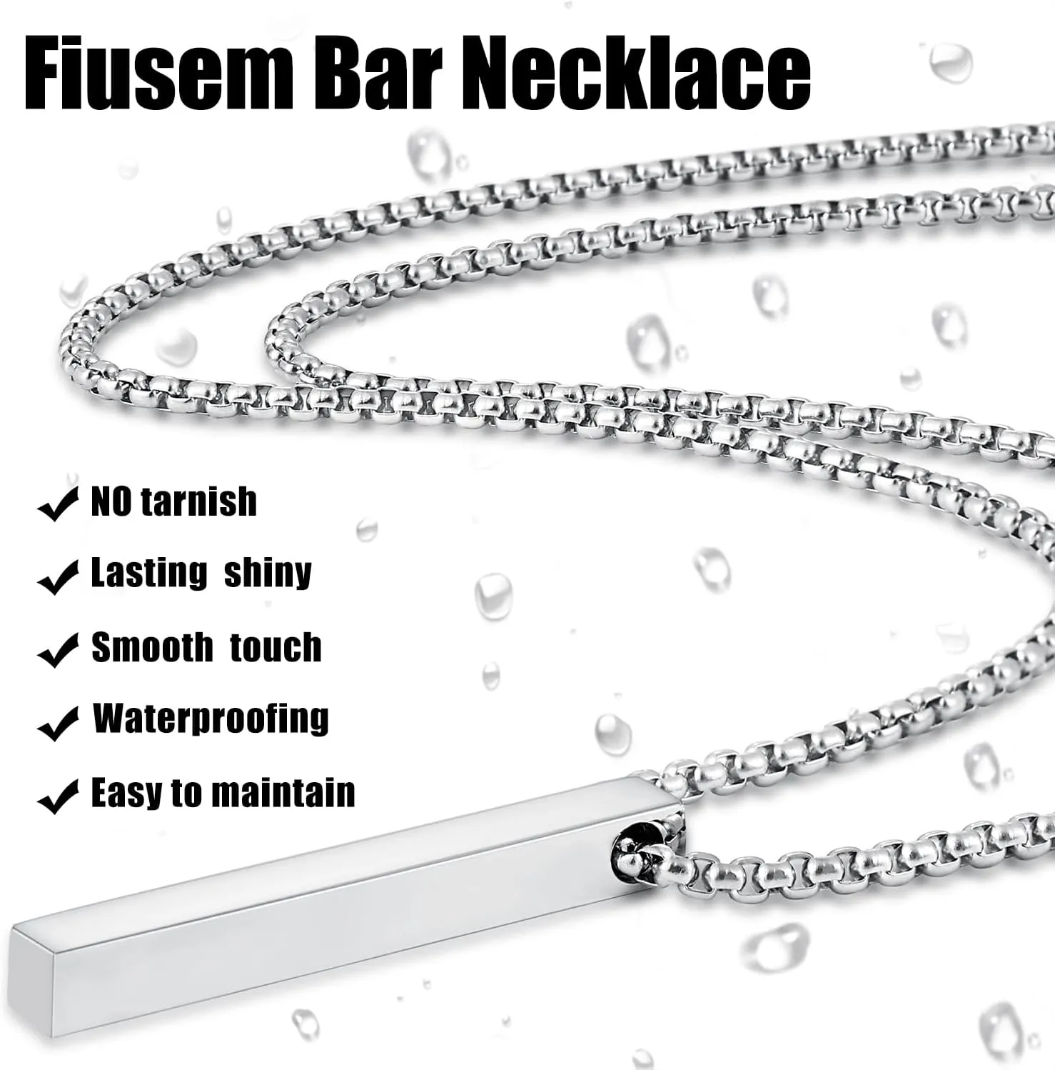 Fiusem Pendant Necklace for Men, Silver Tone/Gold Plated/Black Mens Penddant Necklaces with 2.5 mm Box Chain, Stainless Steel Bar Chain, 18-28 Inches