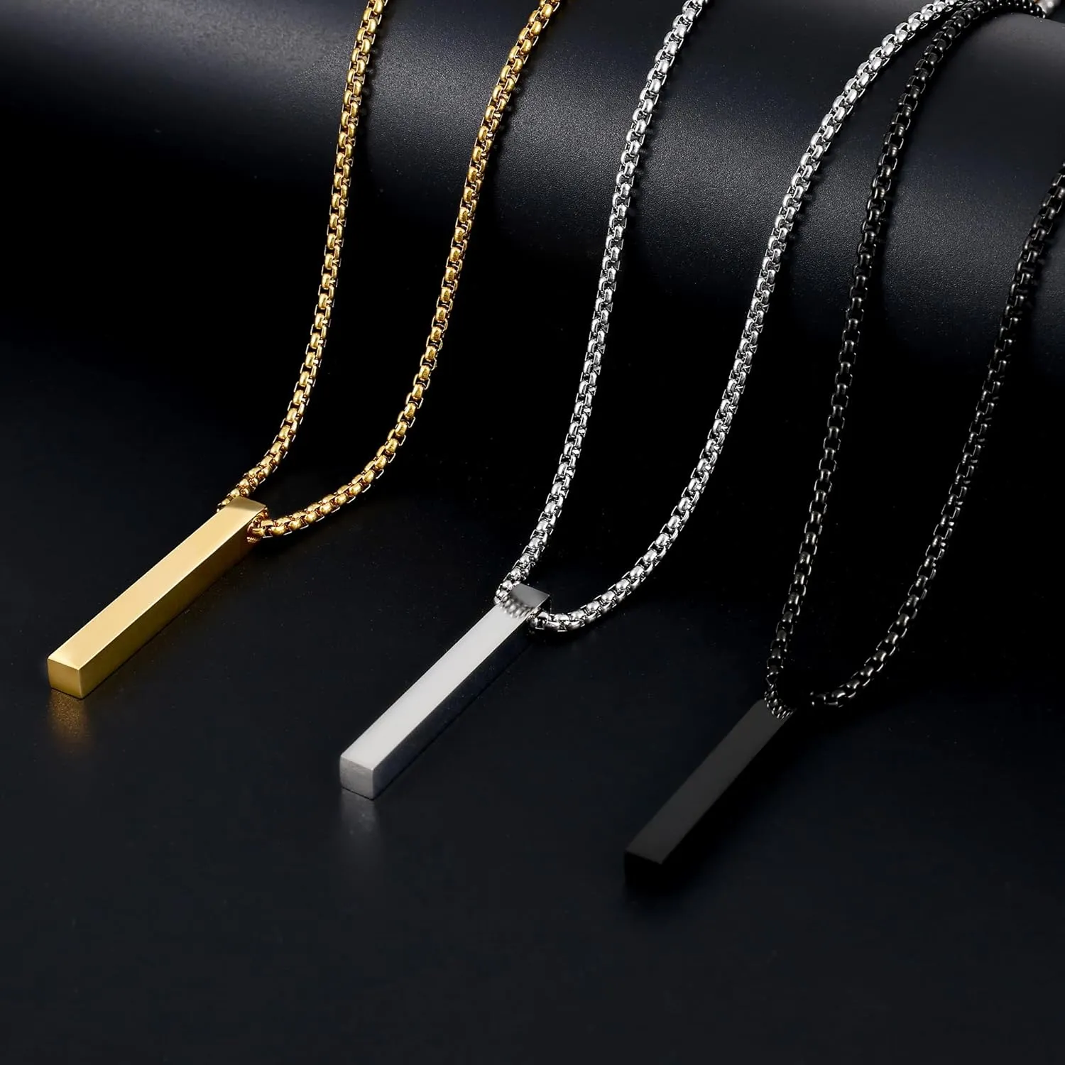 Fiusem Pendant Necklace for Men, Silver Tone/Gold Plated/Black Mens Penddant Necklaces with 2.5 mm Box Chain, Stainless Steel Bar Chain, 18-28 Inches