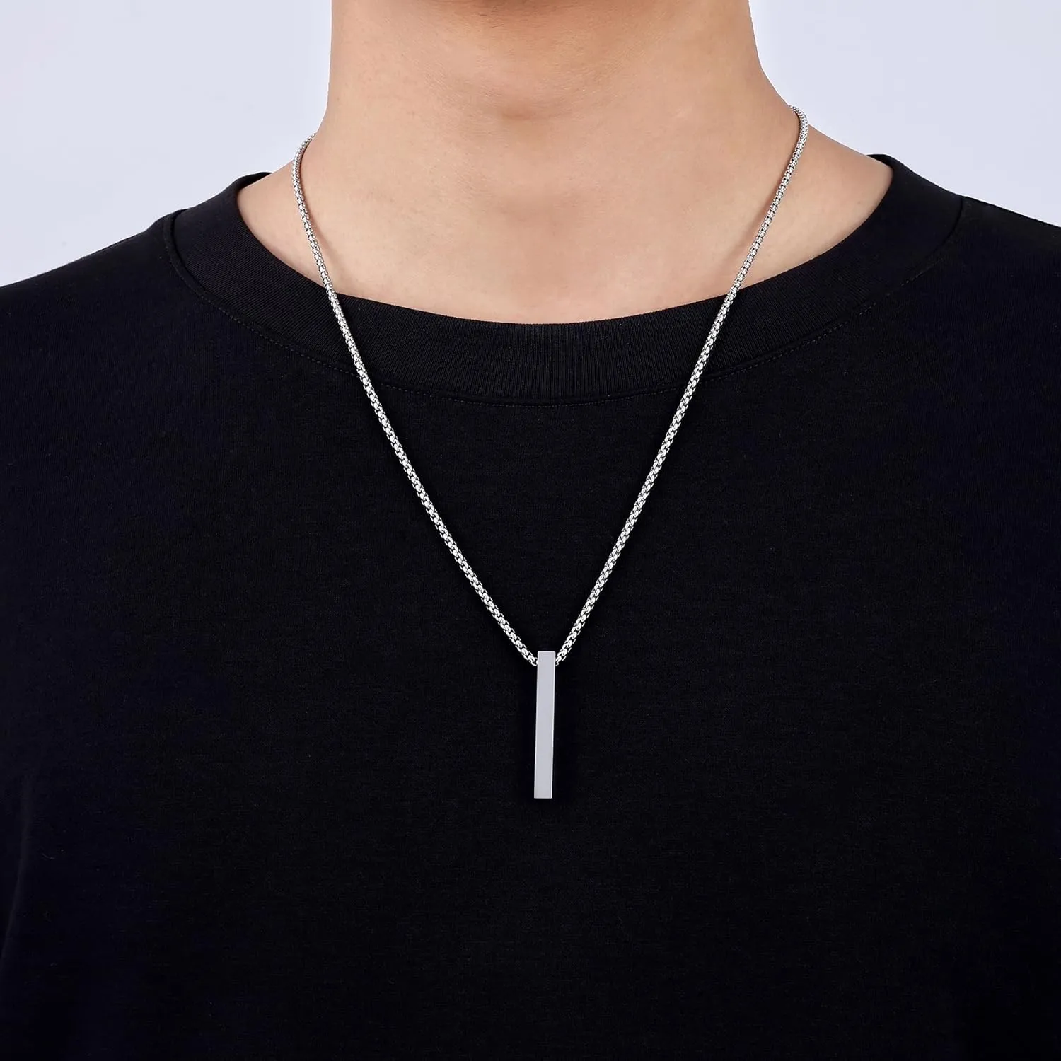 Fiusem Pendant Necklace for Men, Silver Tone/Gold Plated/Black Mens Penddant Necklaces with 2.5 mm Box Chain, Stainless Steel Bar Chain, 18-28 Inches
