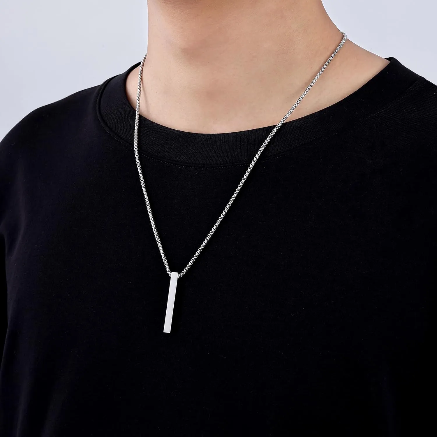 Fiusem Pendant Necklace for Men, Silver Tone/Gold Plated/Black Mens Penddant Necklaces with 2.5 mm Box Chain, Stainless Steel Bar Chain, 18-28 Inches