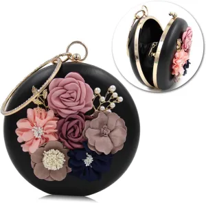 Floral Embroidered Evening Bag Women's Satin Clutch Purse Pearl Beads Round Clutch Handbag