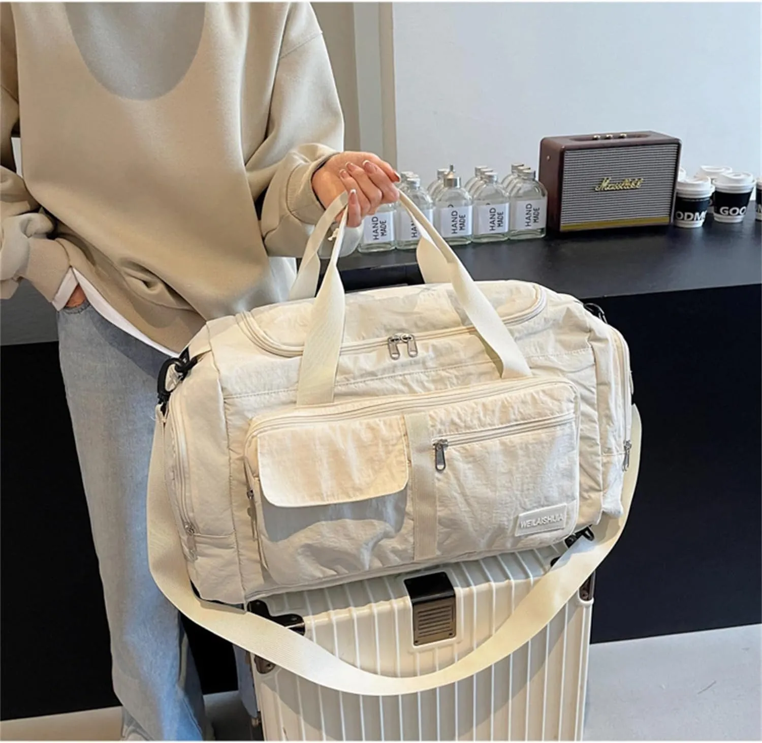 Folding Travel Garment Bag Expandable Carry on, Travel Luggage Organizer for Suitcase Clothes Storage Bag (Beige,40L)