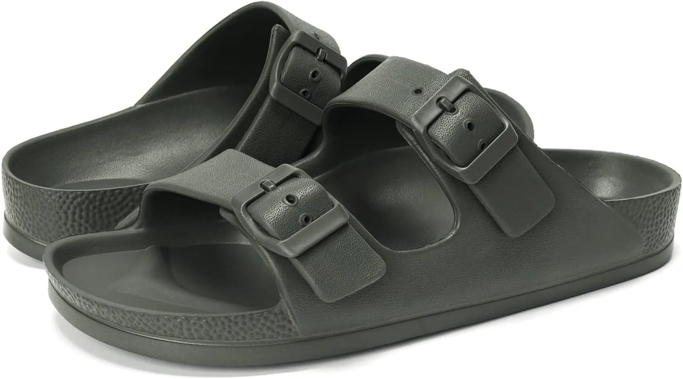 FUNKYMONKEY Women's Comfort Slides Double Buckle Adjustable EVA Flat Sandals
