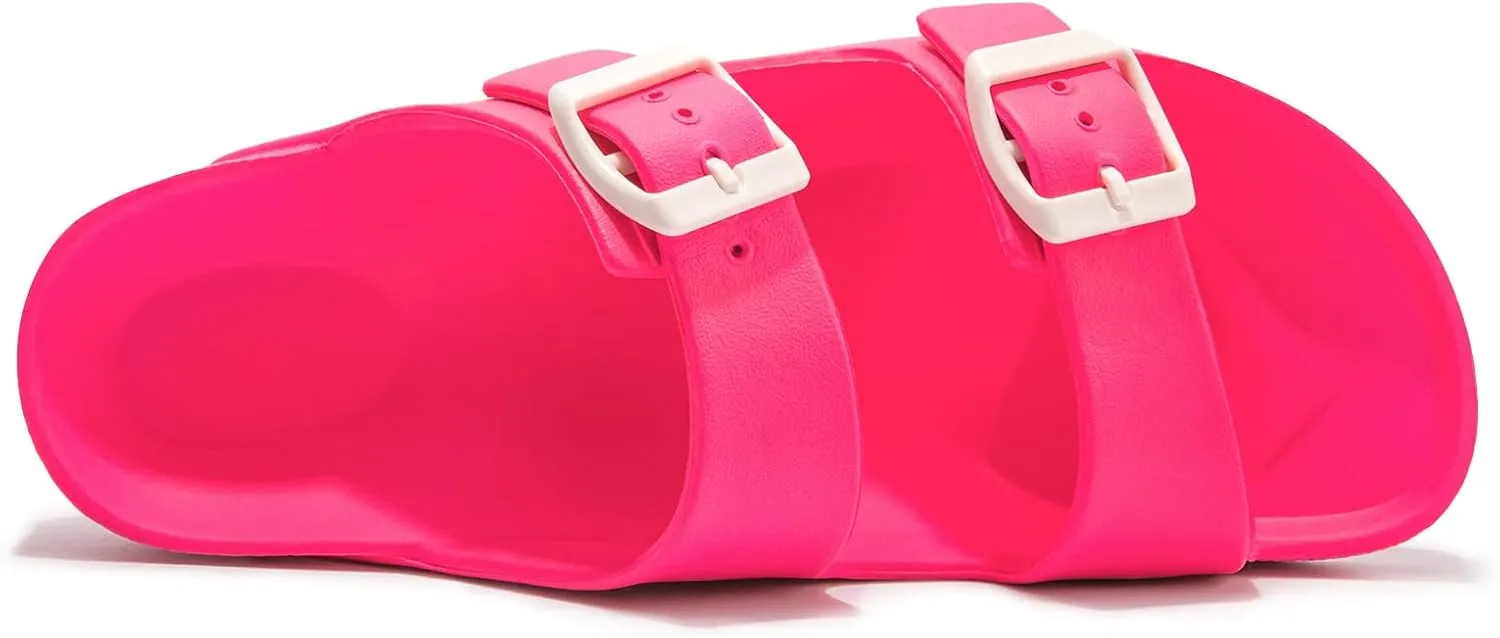 FUNKYMONKEY Women's Comfort Slides Double Buckle Adjustable EVA Flat Sandals