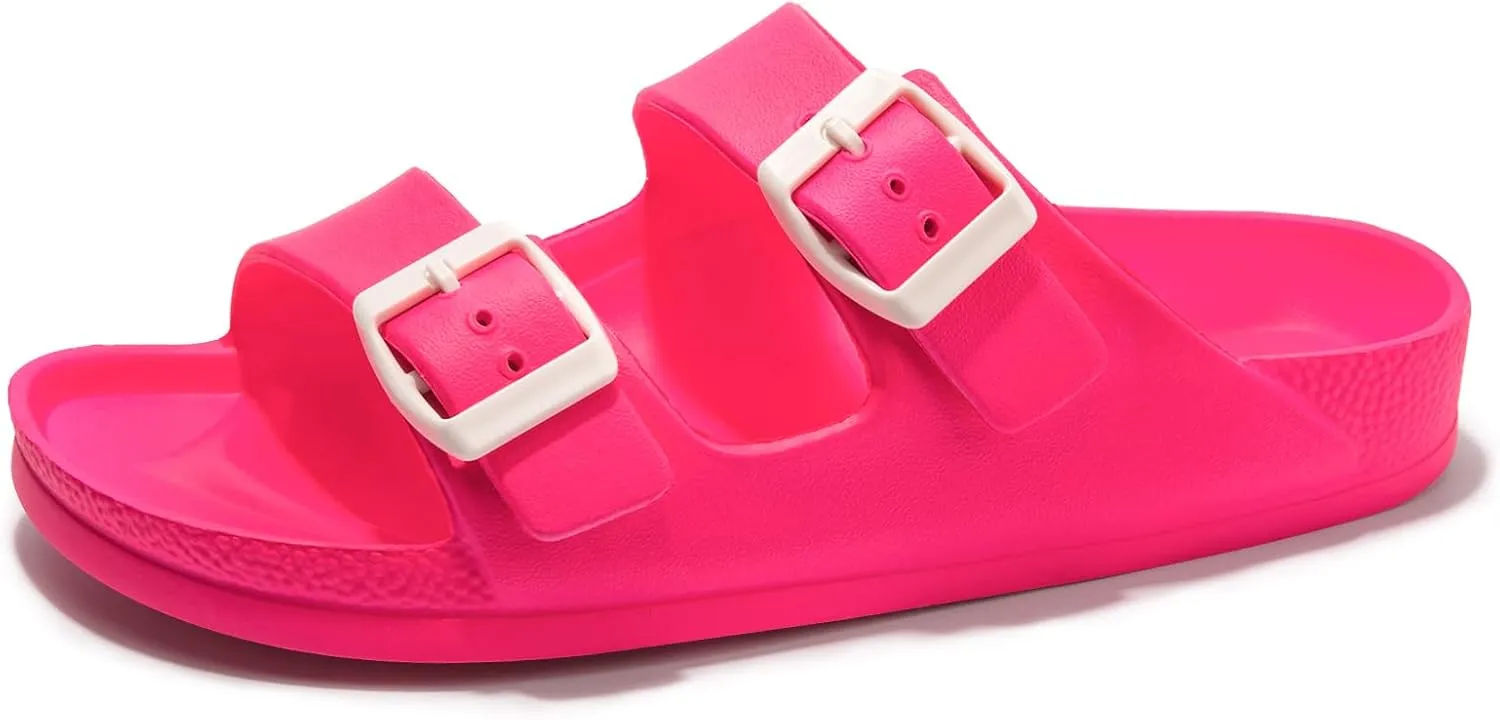 FUNKYMONKEY Women's Comfort Slides Double Buckle Adjustable EVA Flat Sandals
