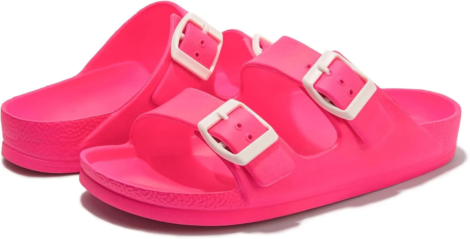 FUNKYMONKEY Women's Comfort Slides Double Buckle Adjustable EVA Flat Sandals